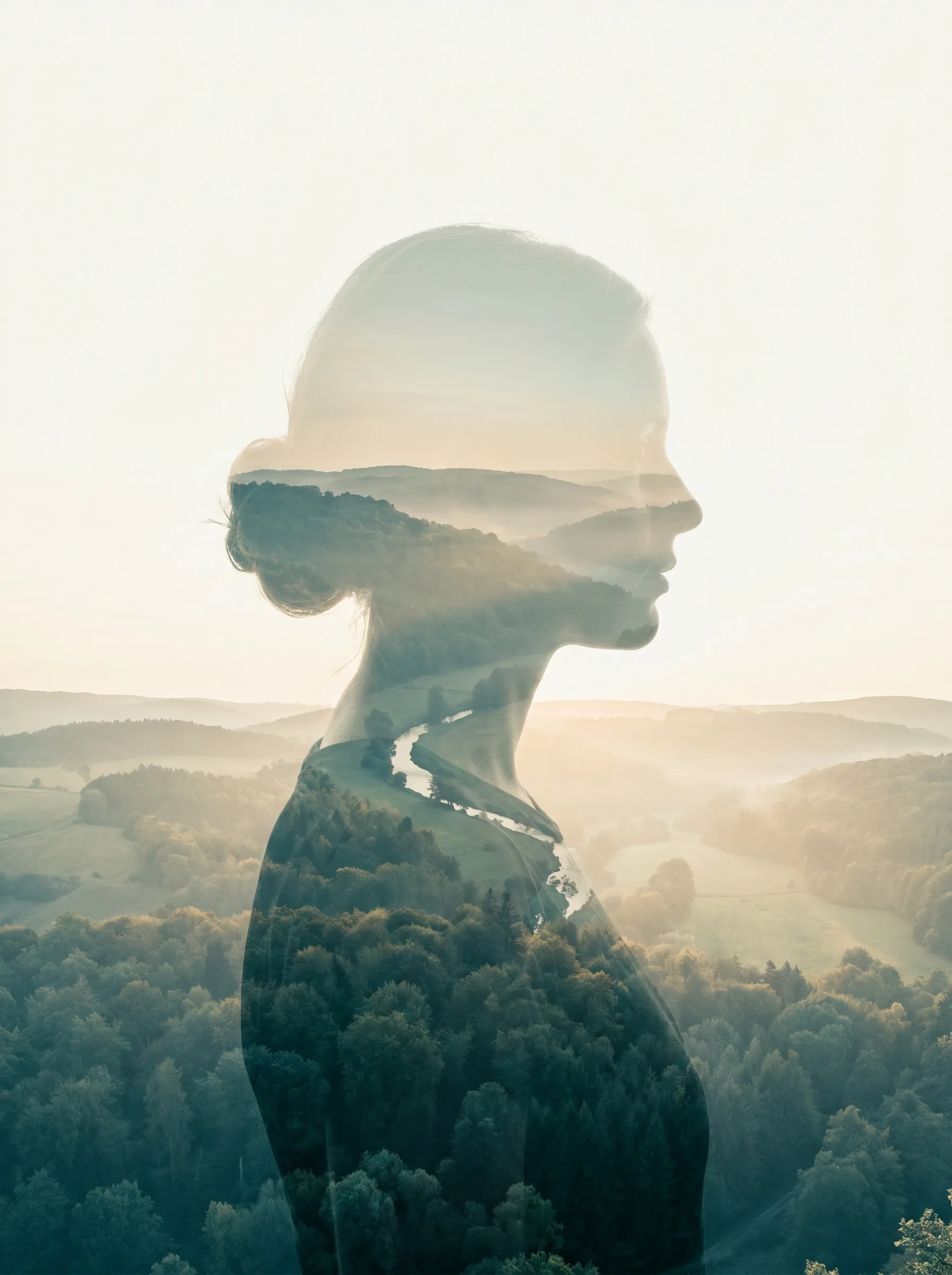 Double-Exposure: Porträt einer Frau, verschmolzen mit der thüringischen Landschaft
